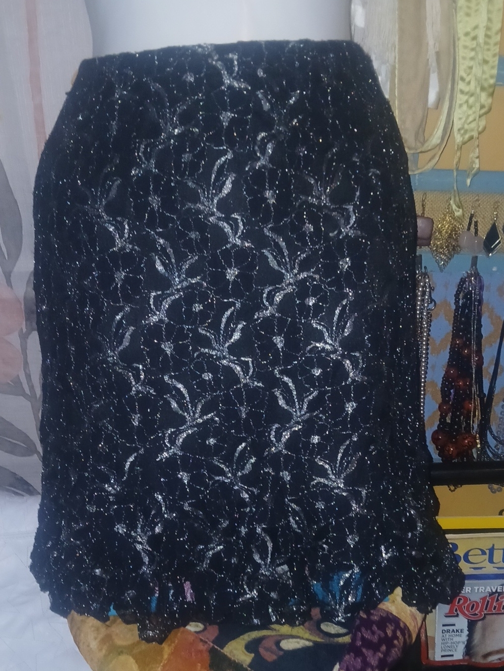 Joe Benbasset Black & Silver Metallic Lace Ruffle Skirt Small